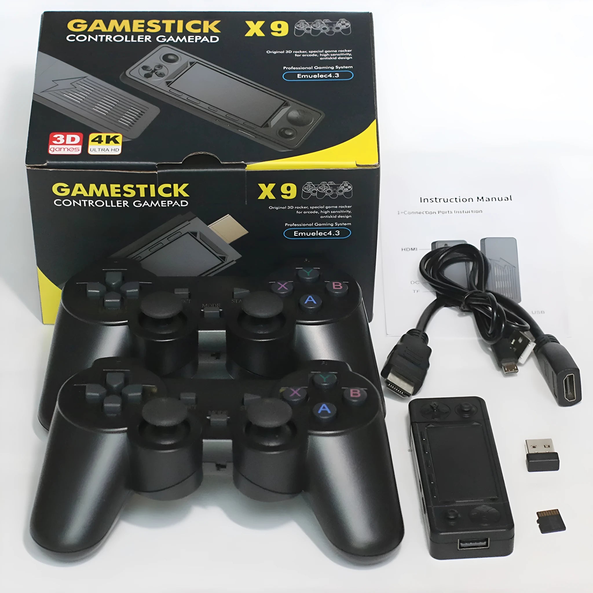New X9 HD home game console with retro style, two black controllers, and HDMI cable on a desk