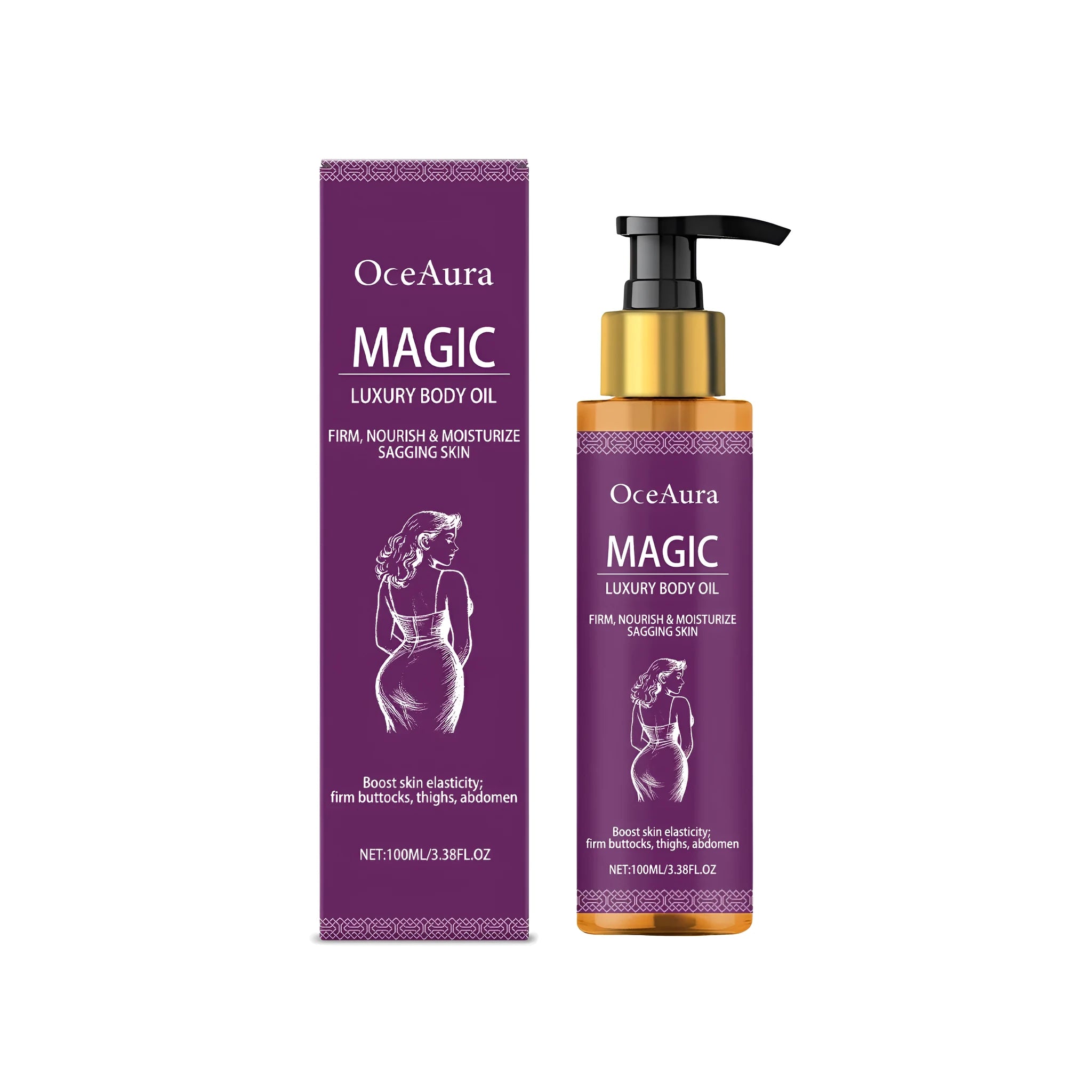 100ml bottle of luxury body tightening oil with natural plant oils including sweet almond and lavender.