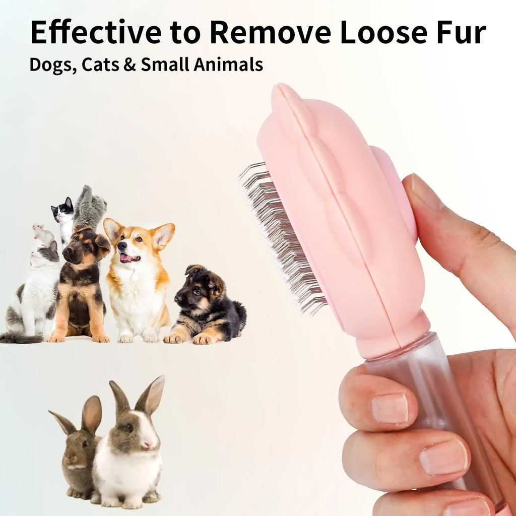 Grey spray cat brush with self-cleaning button and water spray function for pet grooming