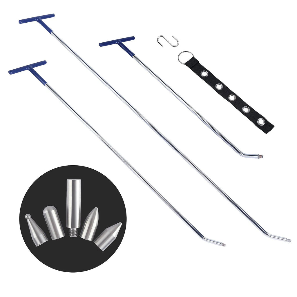 Three alloy steel car dent repair tools: hooks and crowbars for body panel repair.