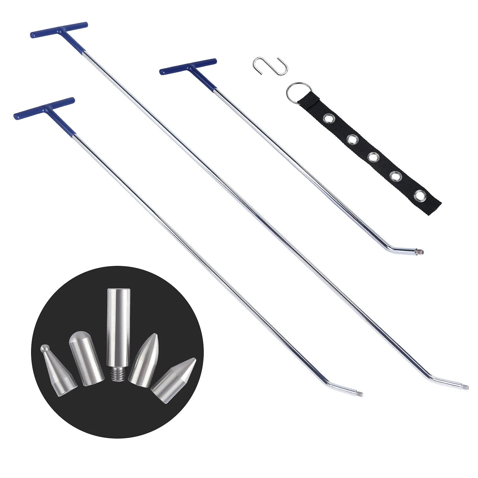 Three alloy steel car dent repair tools: hooks and crowbars for body panel repair.