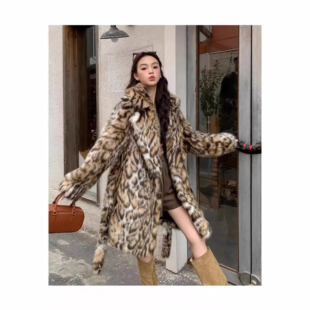 Street fashion faux fur coat with fox-style collar and regular sleeves
