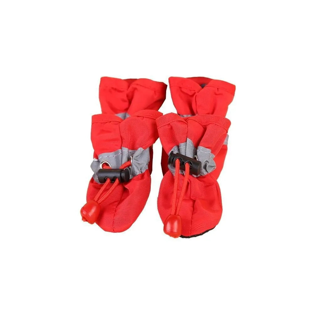 Set of four cloth dog shoes with soft soles in Rose Red colour showing non-slip bottoms
