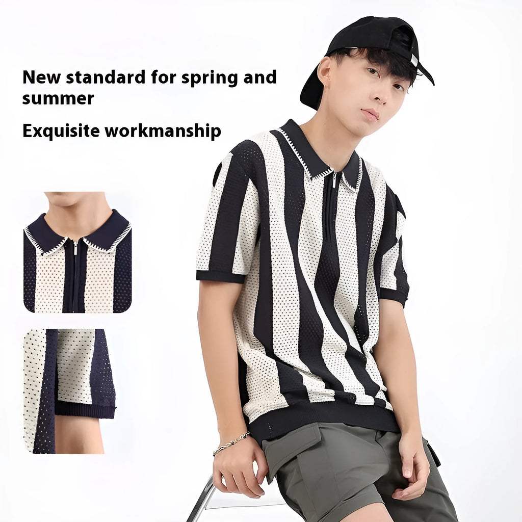 Man wearing a black and white striped short sleeve viscose sweater with silver zipper decorations on the chest.