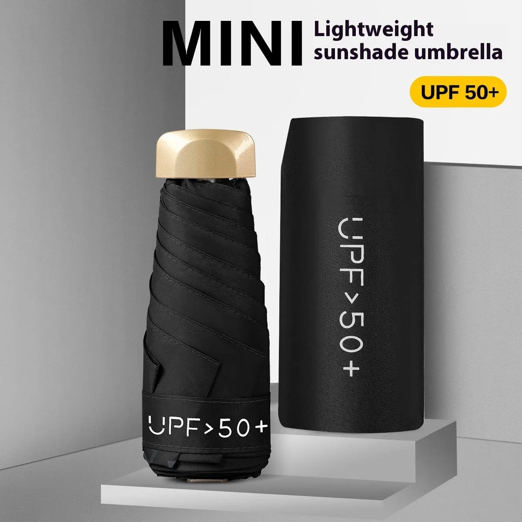 Flat folded mini pocket sun umbrella with alloy ribs and rubber handle, shown in multiple colour options.