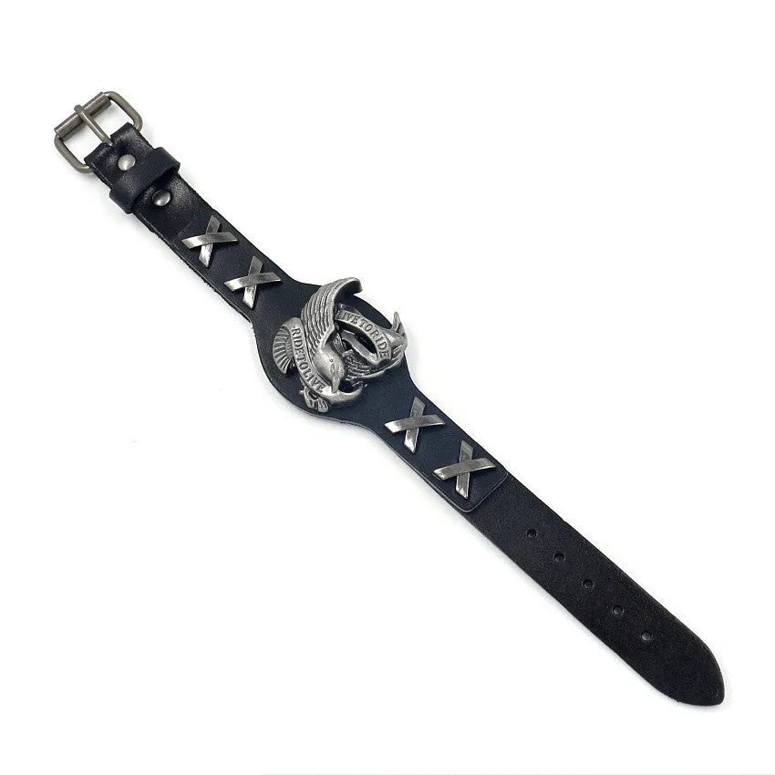 Geometric black leather bracelet with alloy eagle detailing showing tapered width design