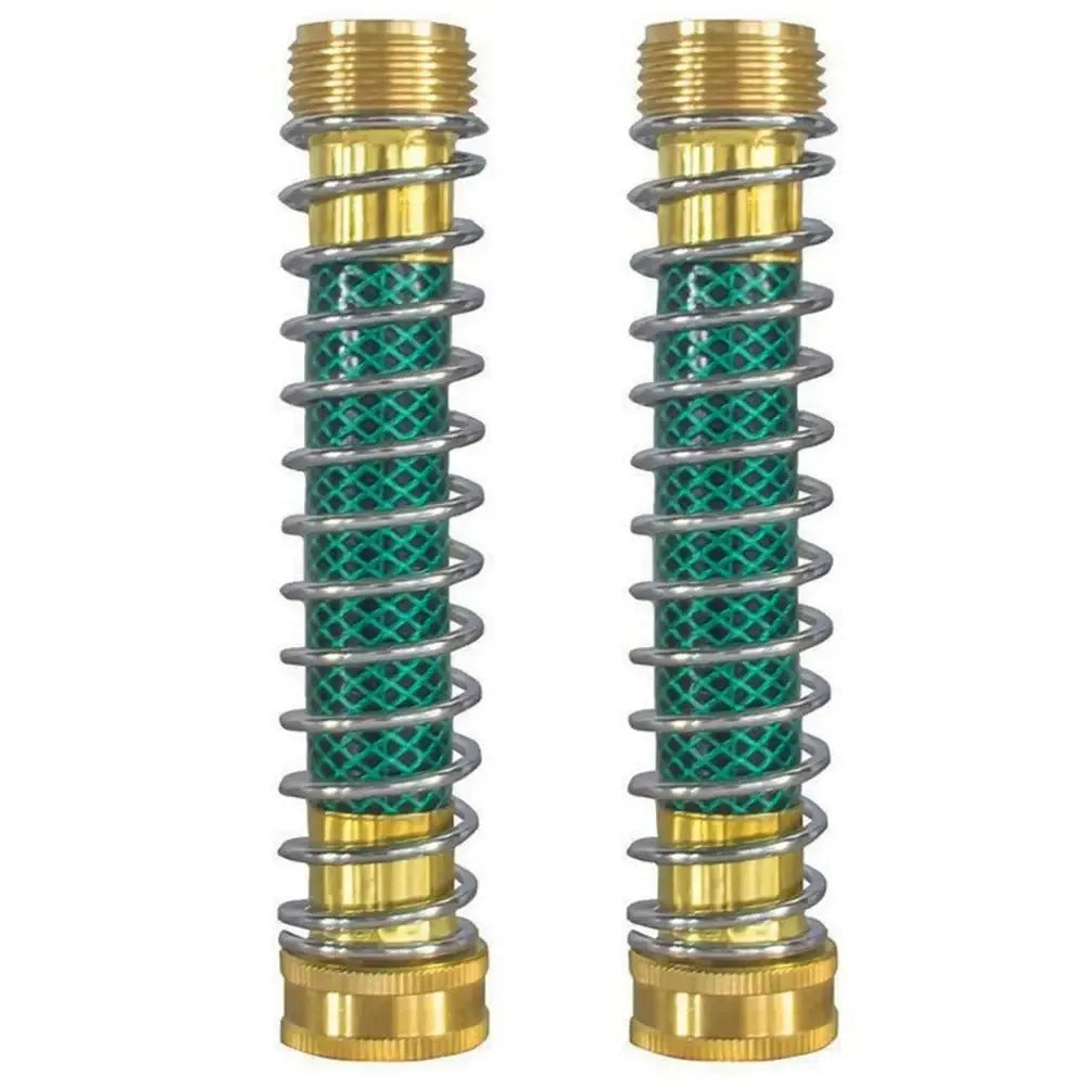 Brass garden hose connector with visible spiral spring, 15 cm long with 3/4 inch threaded fittings