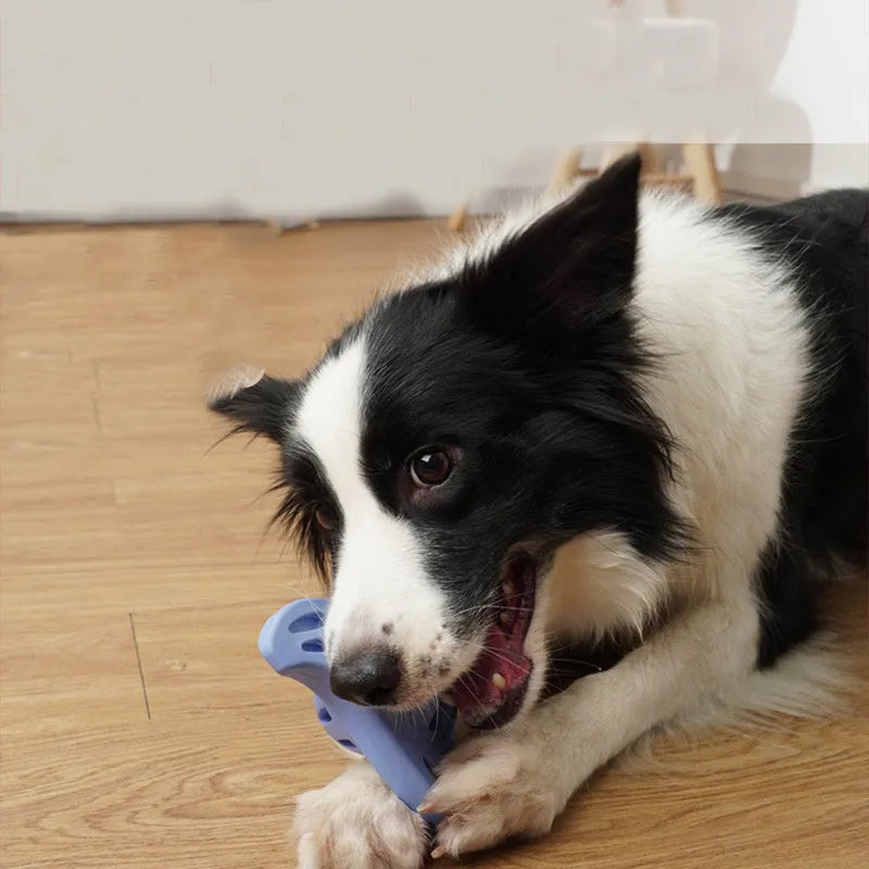 Blue boomerang-shaped bite resistant dog chew toy for large breeds on a plain background