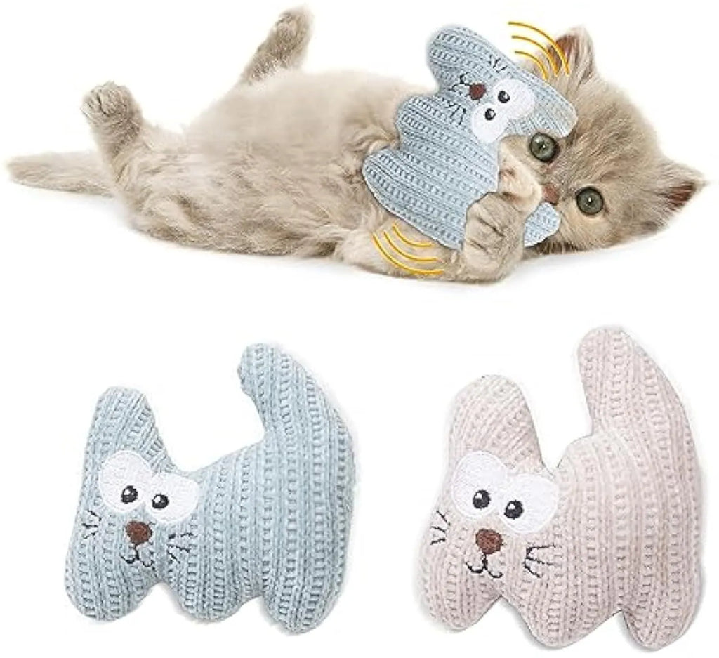 Cyan plush rope catnip toy with bell for cats, showing knitted fabric texture and measuring 12 cm by 11 cm