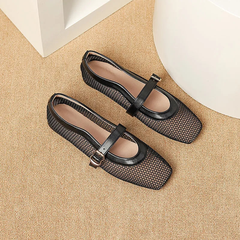 Women's beige mesh low-heel pump with square toe and buckle fastening on a white background.
