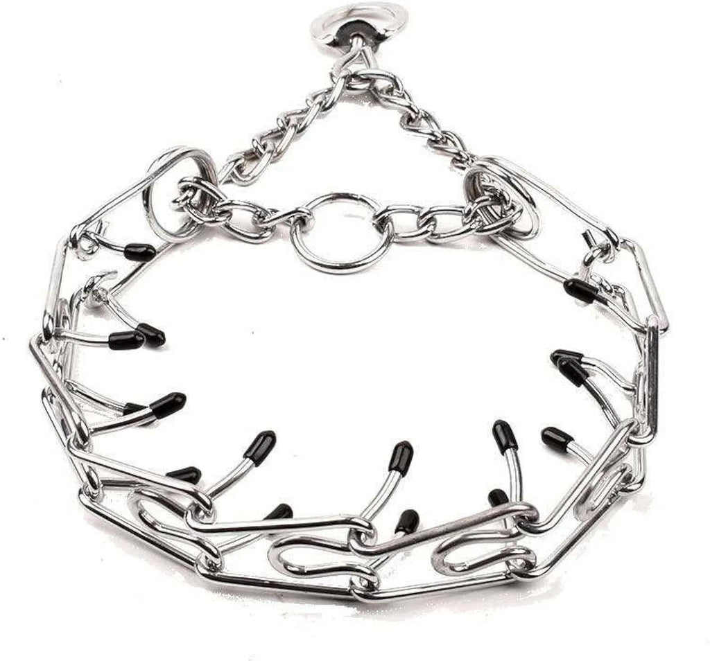 Stainless steel dog training pinch collar with adjustable links and rubber tips on prongs