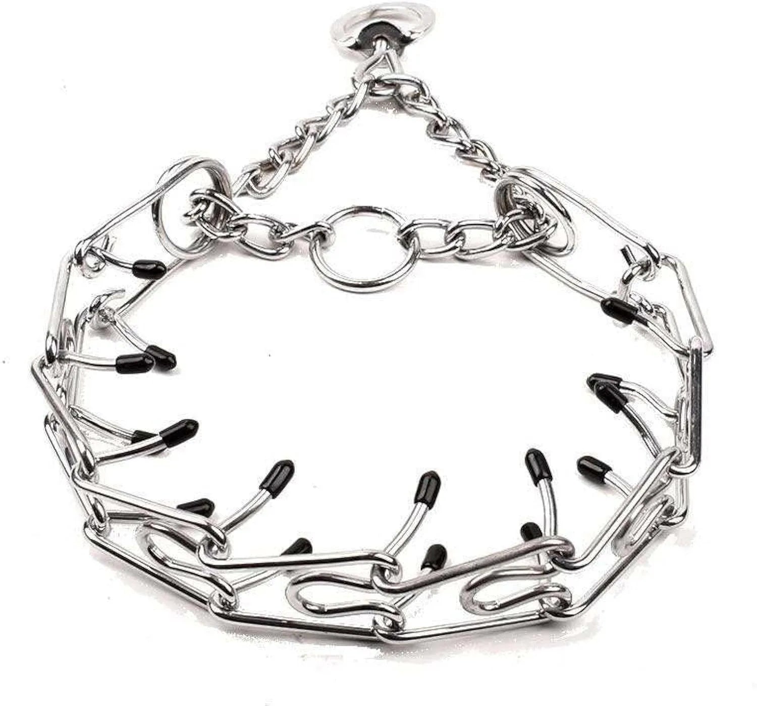 Stainless steel dog training pinch collar with adjustable links and rubber tips on prongs