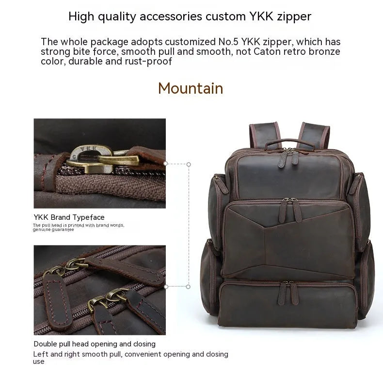 Dark brown genuine leather 17-inch laptop backpack with double straps and multiple pockets.