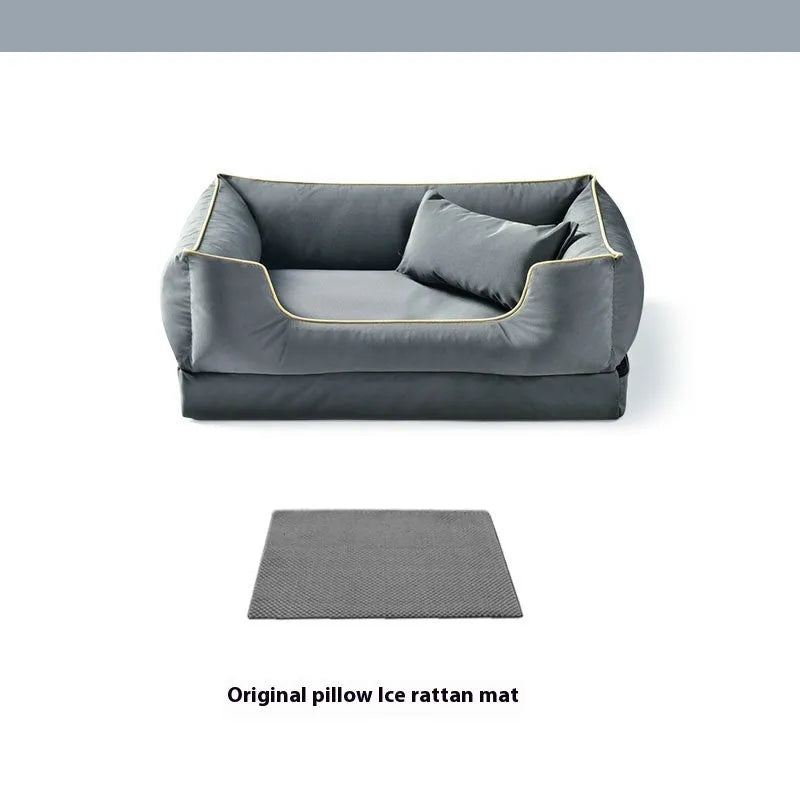 Waterproof dog kennel in dark green with removable washable mat pillow inside, showing bite-resistant construction.