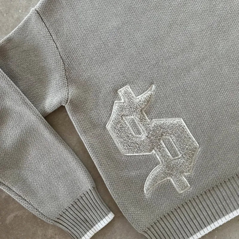 Grey jacquard pattern loose-fitting pullover knitwear coat with long sleeves