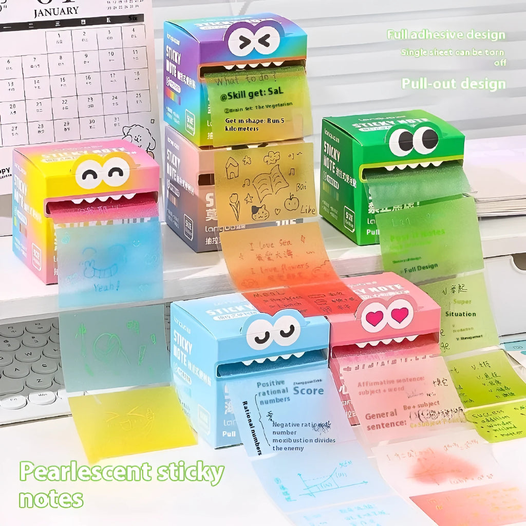 Boxed transparent pull-out sticky notes with pearl gradient finish in six colour options