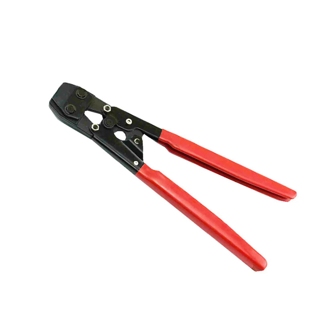 Red cloth single-ear PEX clamp made of metal with a carbon steel cutting edge.