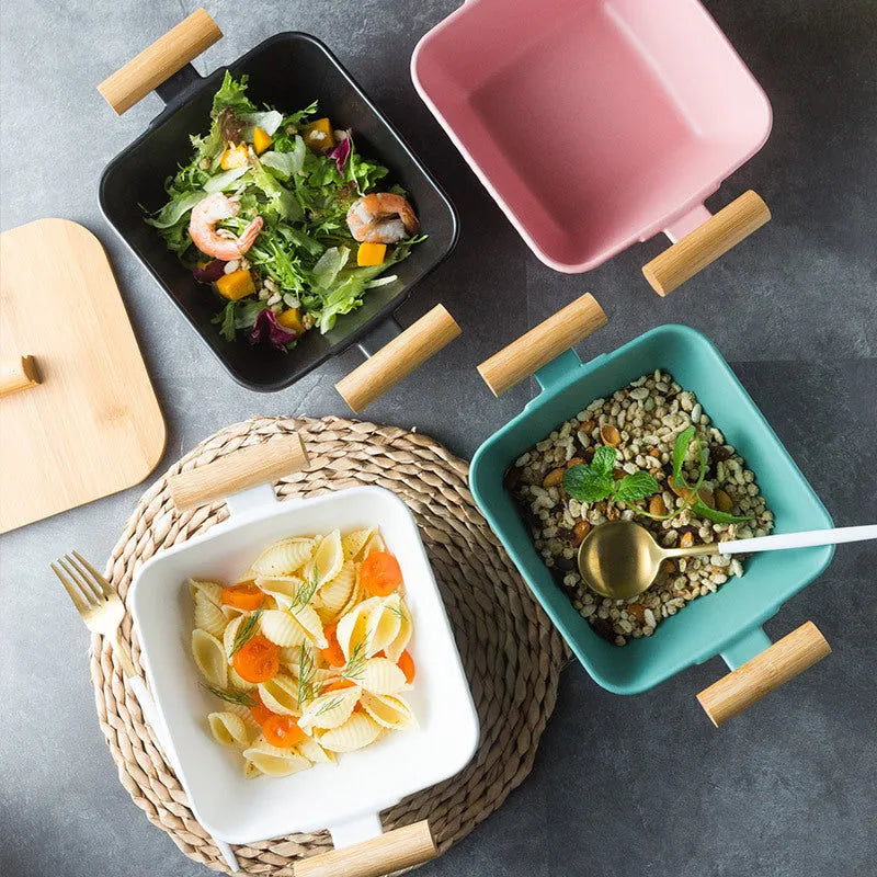 Modern irregular shaped ceramic bowl with matching lid in heat-resistant porcelain