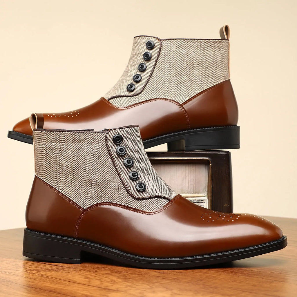 Men's brown retro leather shoes with side zipper and square toe on a white background