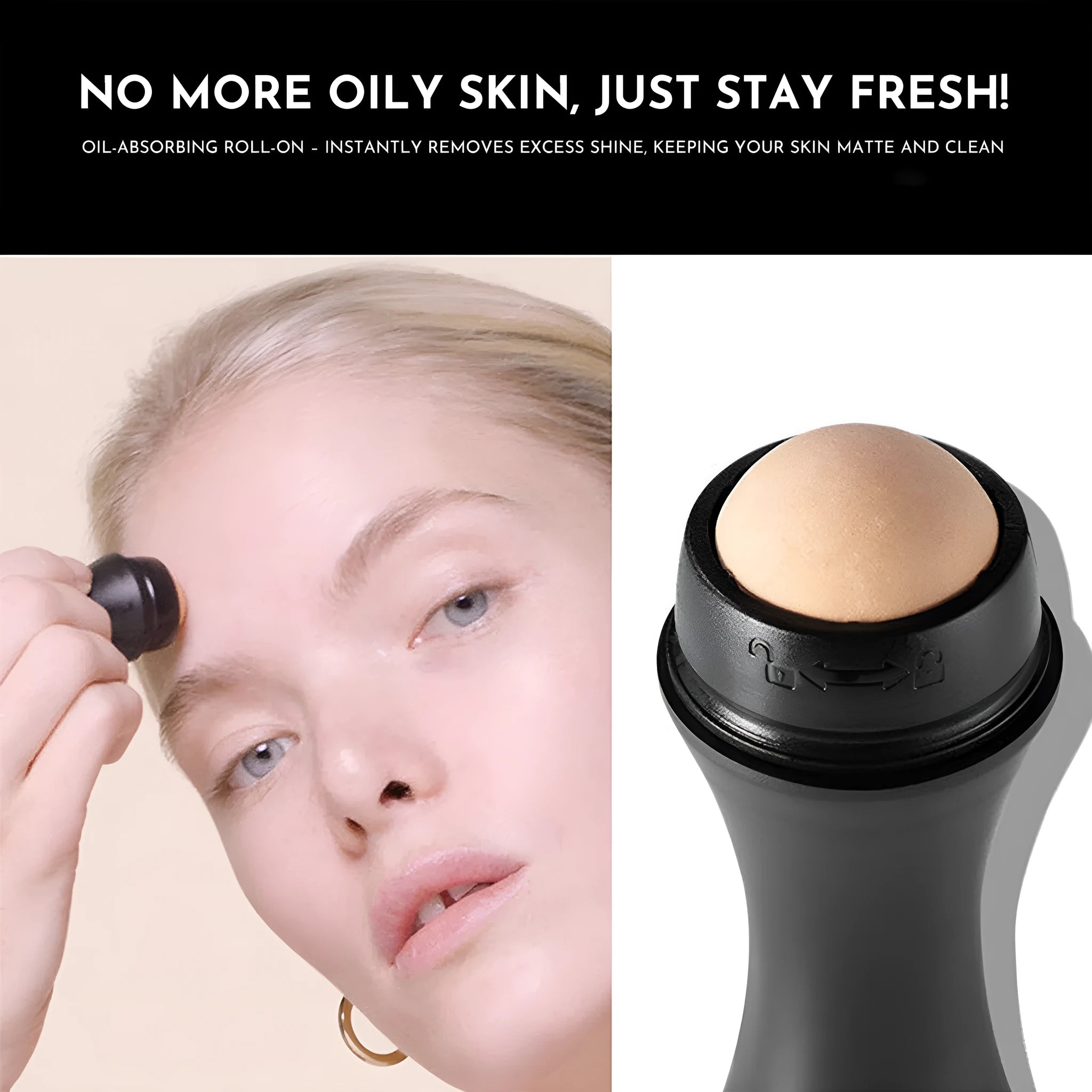 Volcanic stone portable roller for oily skin in black, green, pink or white on a grey background.