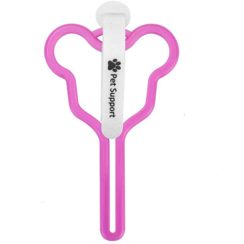 Hands-free dog poo bag holder with fixed clip and adjustable velcro strap.