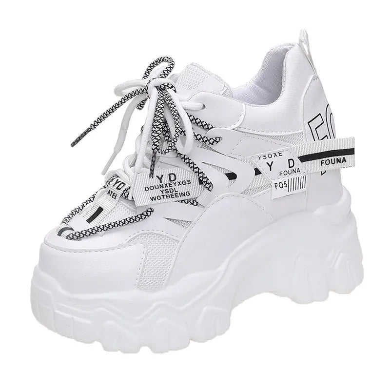 Women's white breathable mesh platform sports shoes with cross strap and round toe