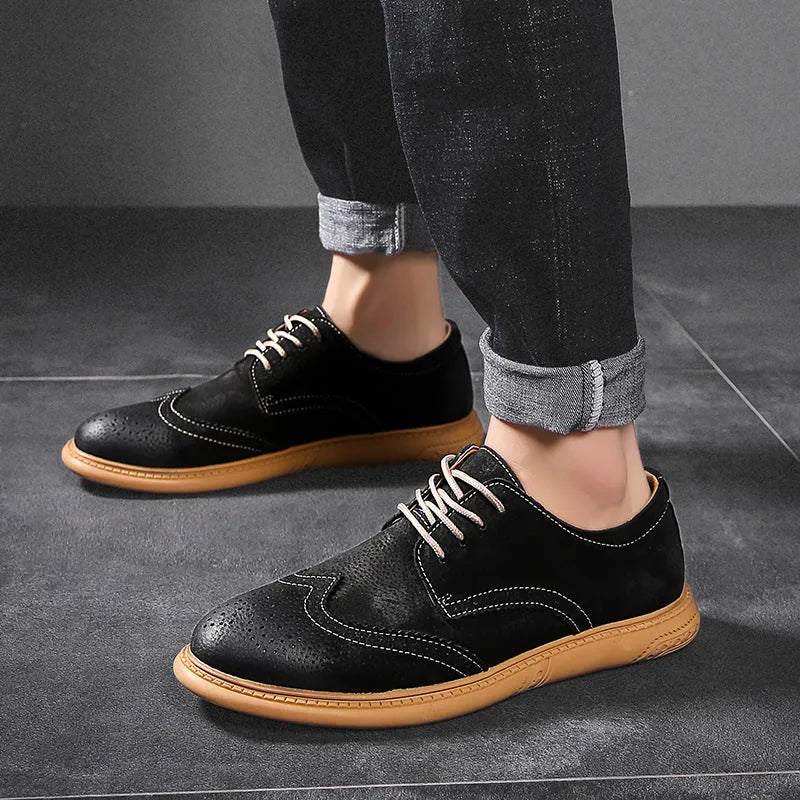 Men's black business leather lace-up shoes with low top design and rubber sole