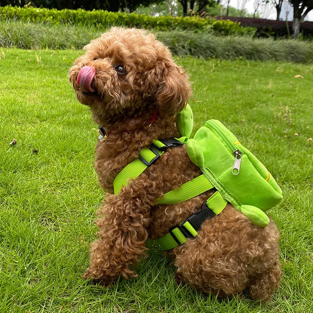 Cartoon turtle shape dog backpack harness in velvet fabric with metal zipper closure