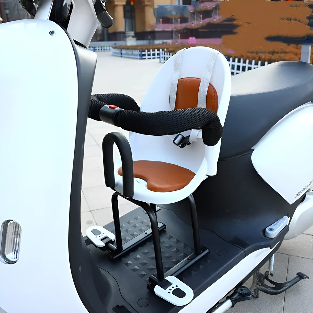 Front baby battery scooter safety seat with steel frame in black, red, or white