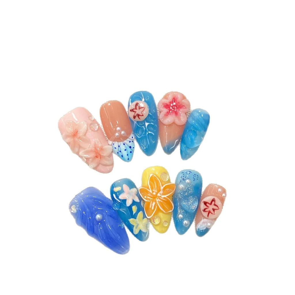 Three-dimensional carved jellyfish design on plastic wearable armour in almond nail colour