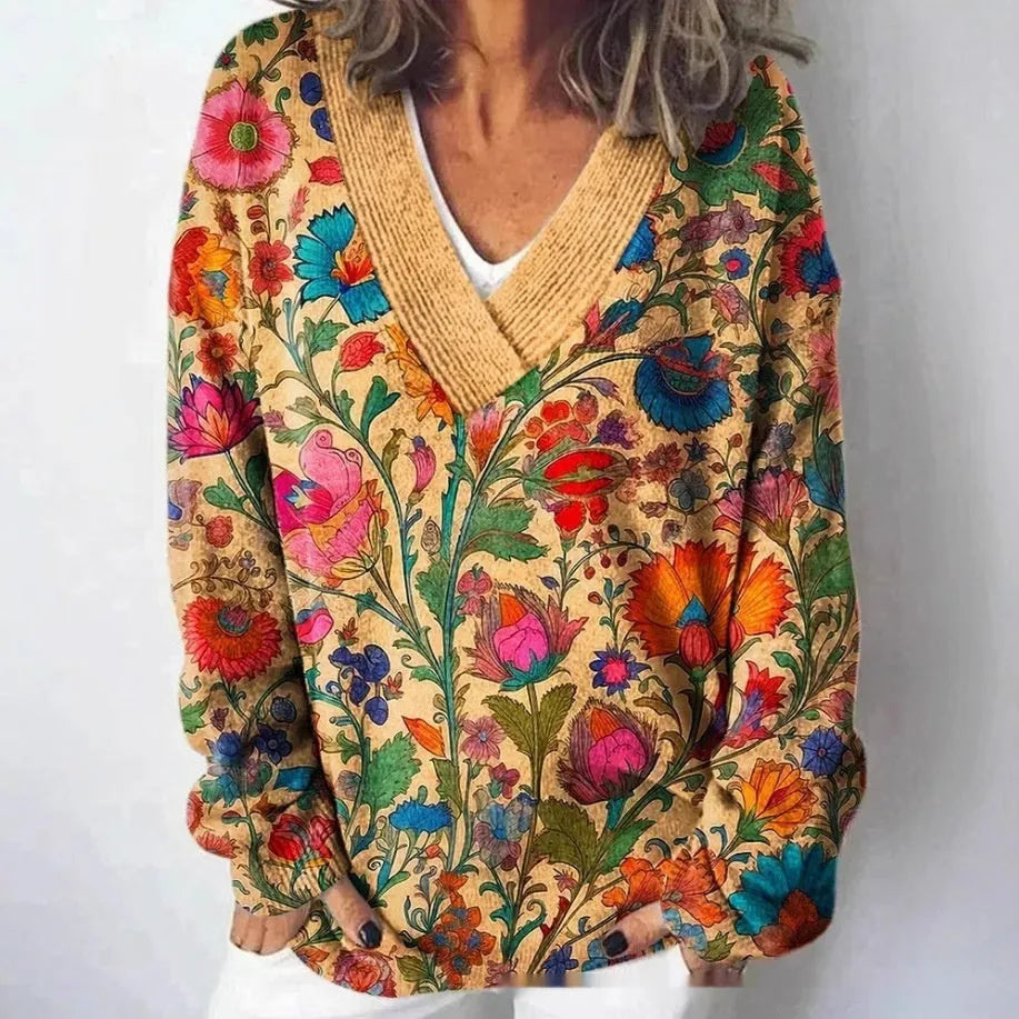 Women's V-neck sweatshirt with 3D floral printed pattern in art retro style