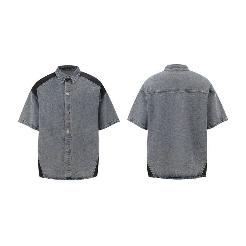 Retro washed blue denim short-sleeved jacket and full-length trousers suit on a model.