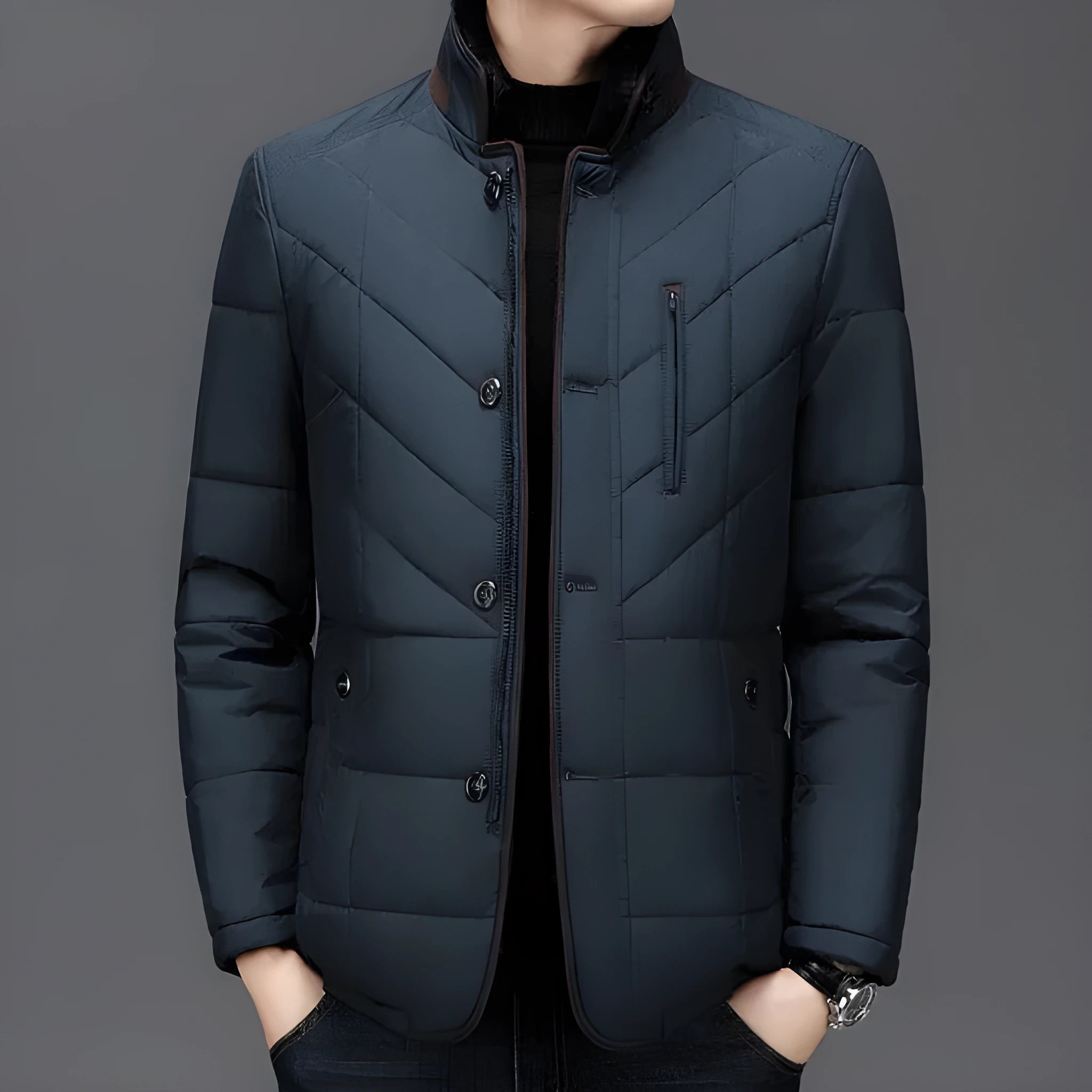 Men's solid colour winter padded coat in dark blue, shown with side seam pockets.