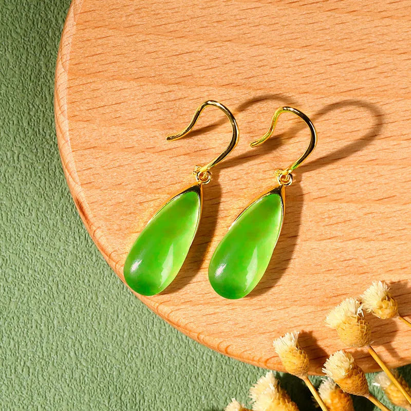 Chinese style geometric earrings with water droplet design in jade colour