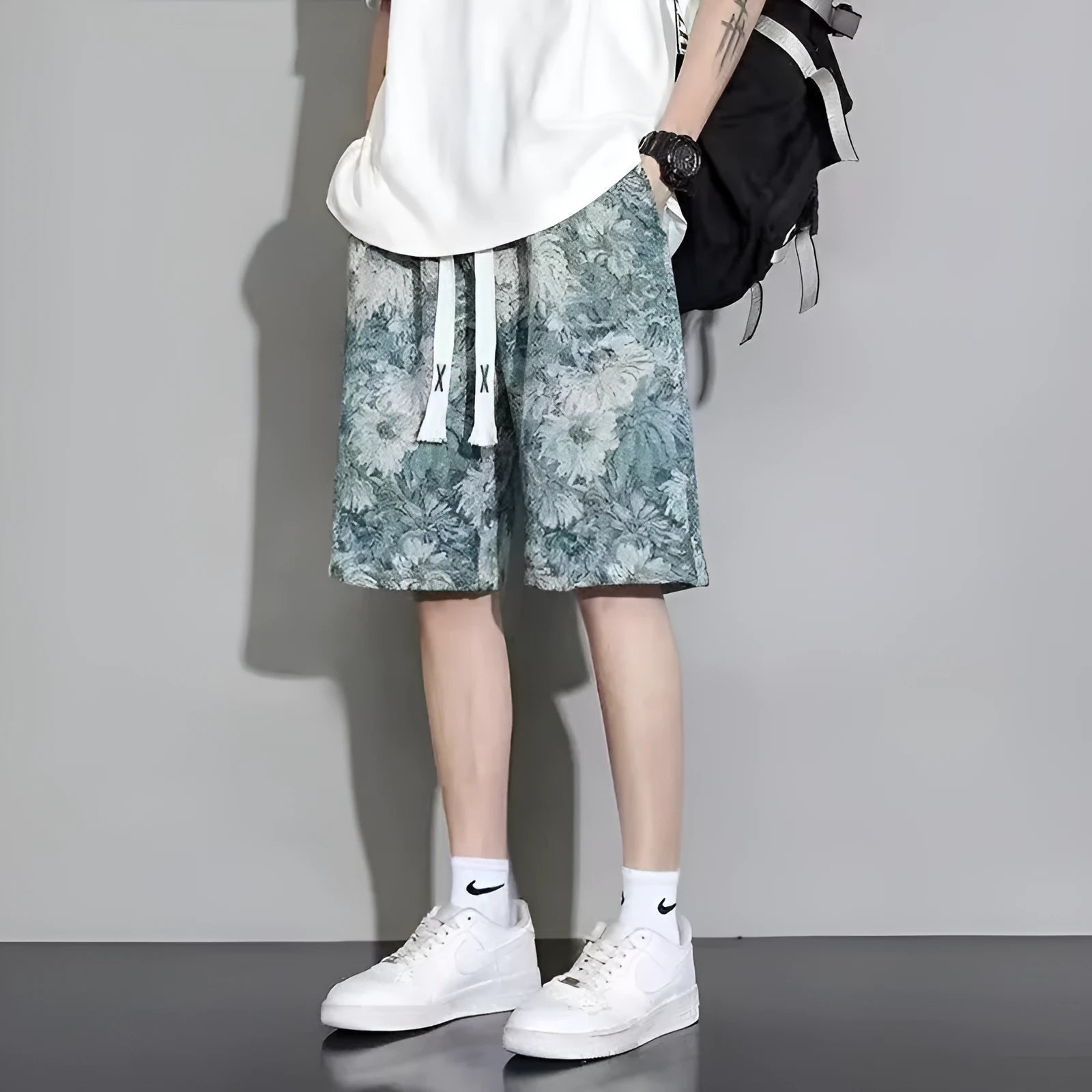 Summer Fashion Brand men's fifth pants in polyester fibre, printed design, elastic waist, knee-length
