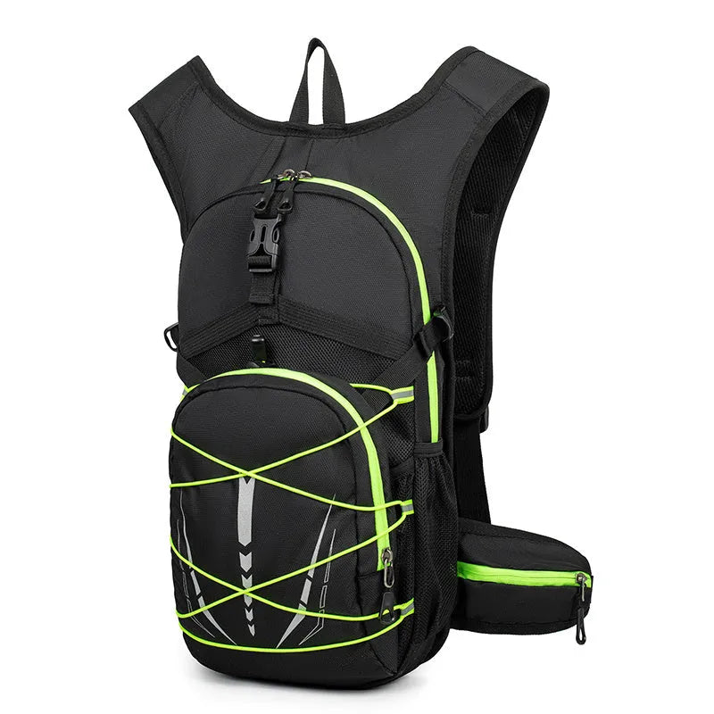 Lightweight hydration backpack with breathable mesh and reflective details for outdoor sports