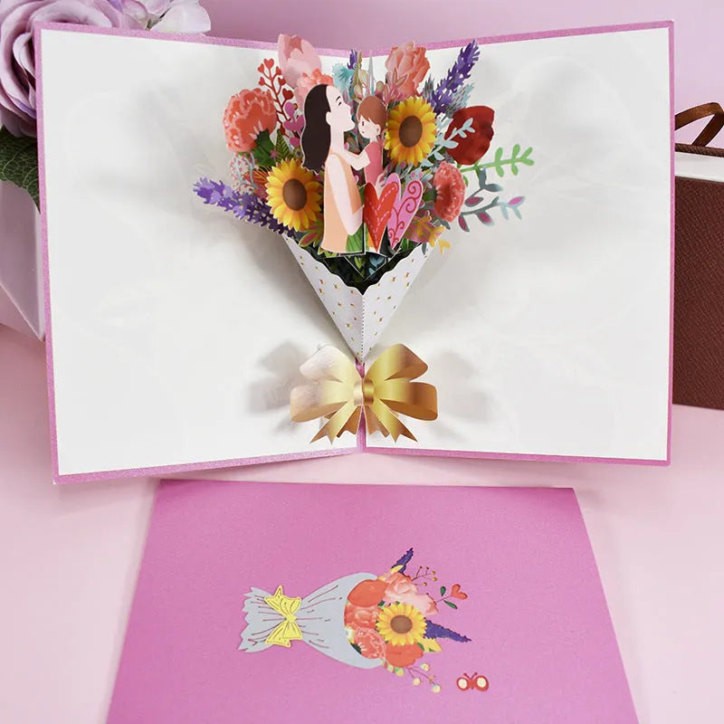 3D pop-up Mother's Day card with floral rose cutout and flower bouquet inside