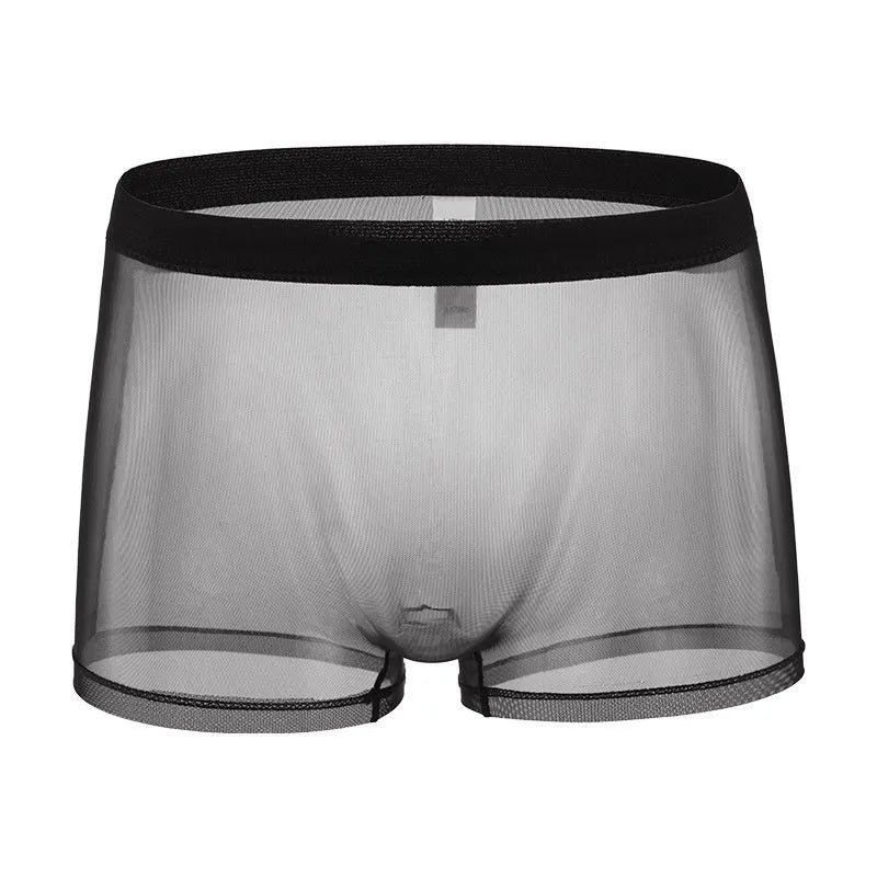 Men's thin sheer mesh boxer briefs in low waist design, shown in multiple colours including black, white, and sapphire blue.
