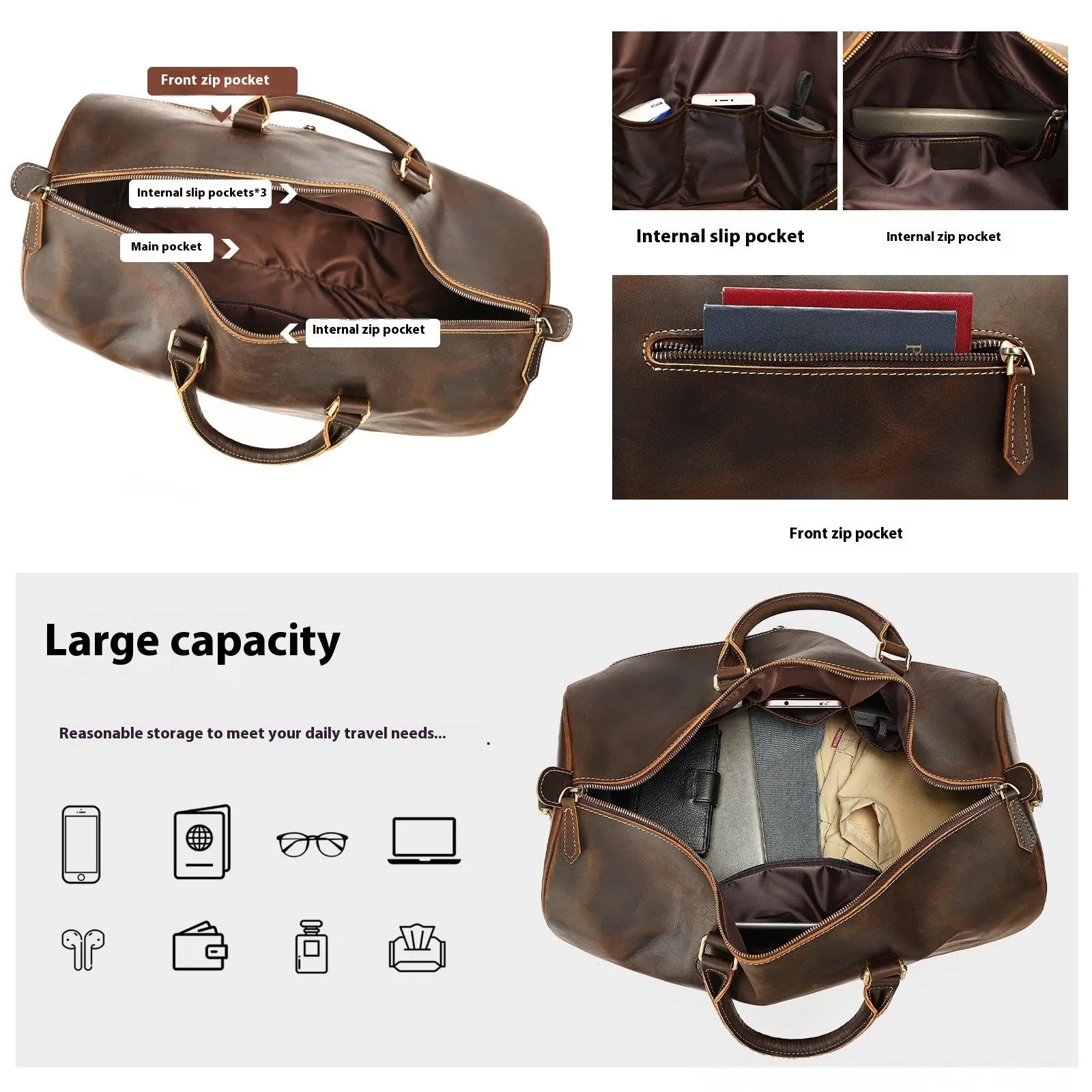 Men's large genuine leather crossbody bag in vintage style with shoulder strap