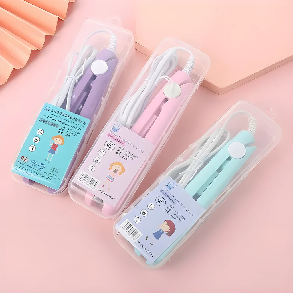 Mini hairdressing splint straightener and storage box for styling bangs and fringes, shown in one of five colour options.