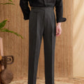 Men's slim fit straight leg business trousers in dark grey, shown in a professional setting.