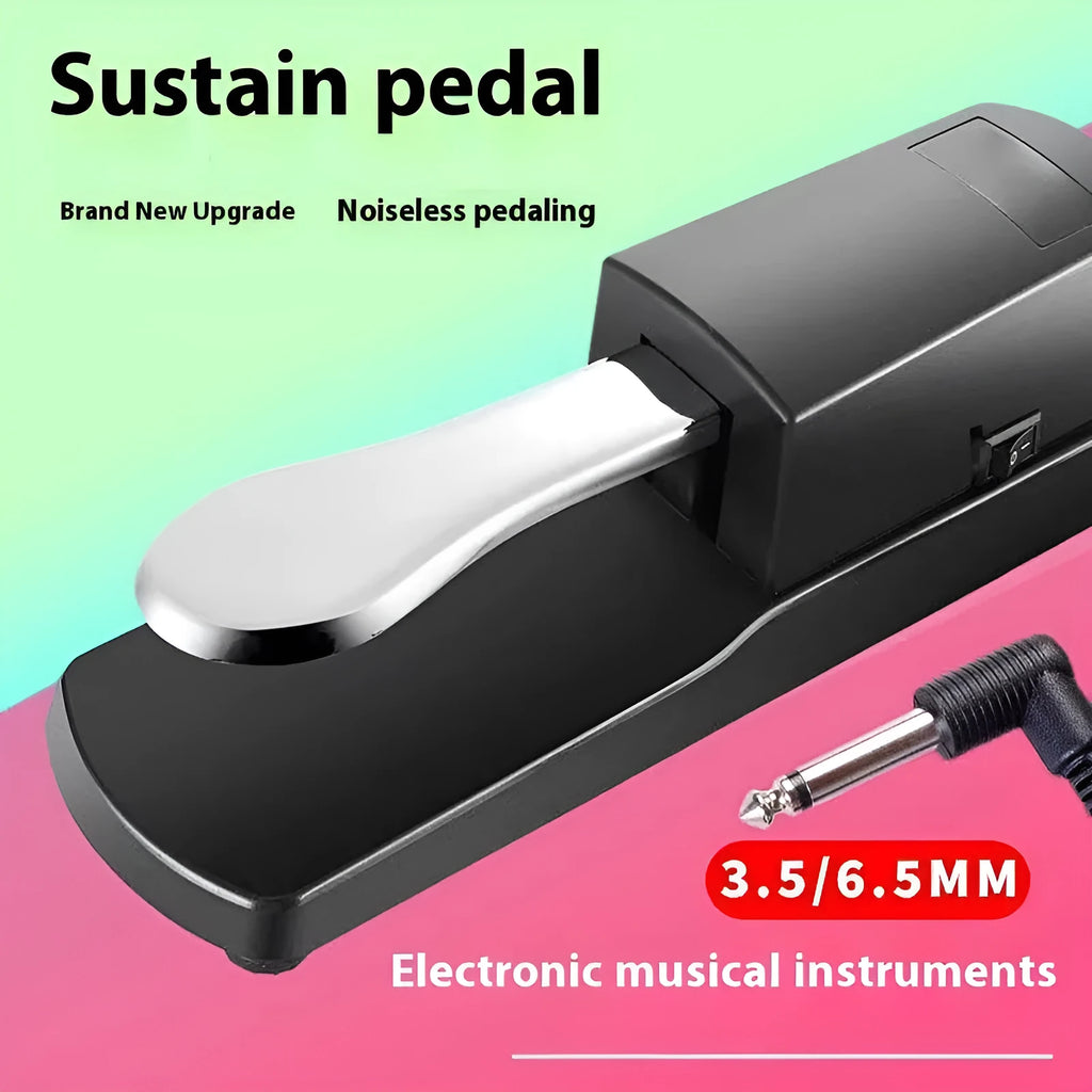 A single black ABS plastic sustain pedal for electronic keyboards on a white background.