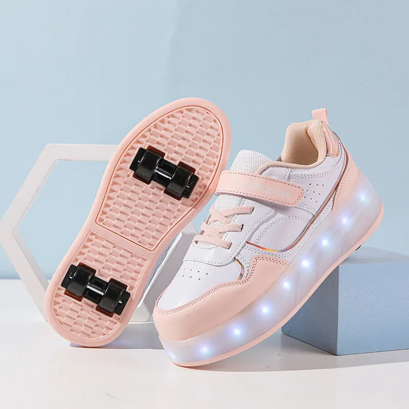 Child wearing rechargeable roller skates with illuminated flash wheels in a choice of colours