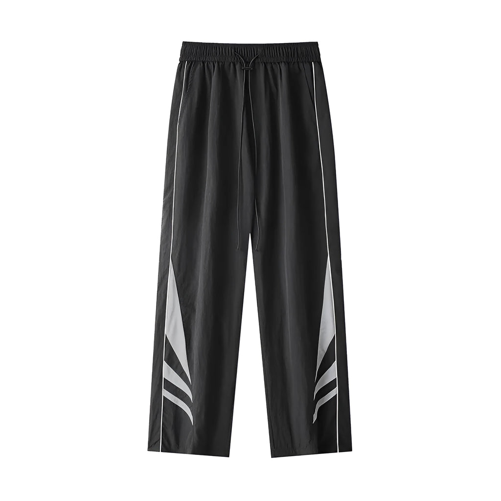 Men's black straight leg sports trousers with elastic waistband shown on hanger