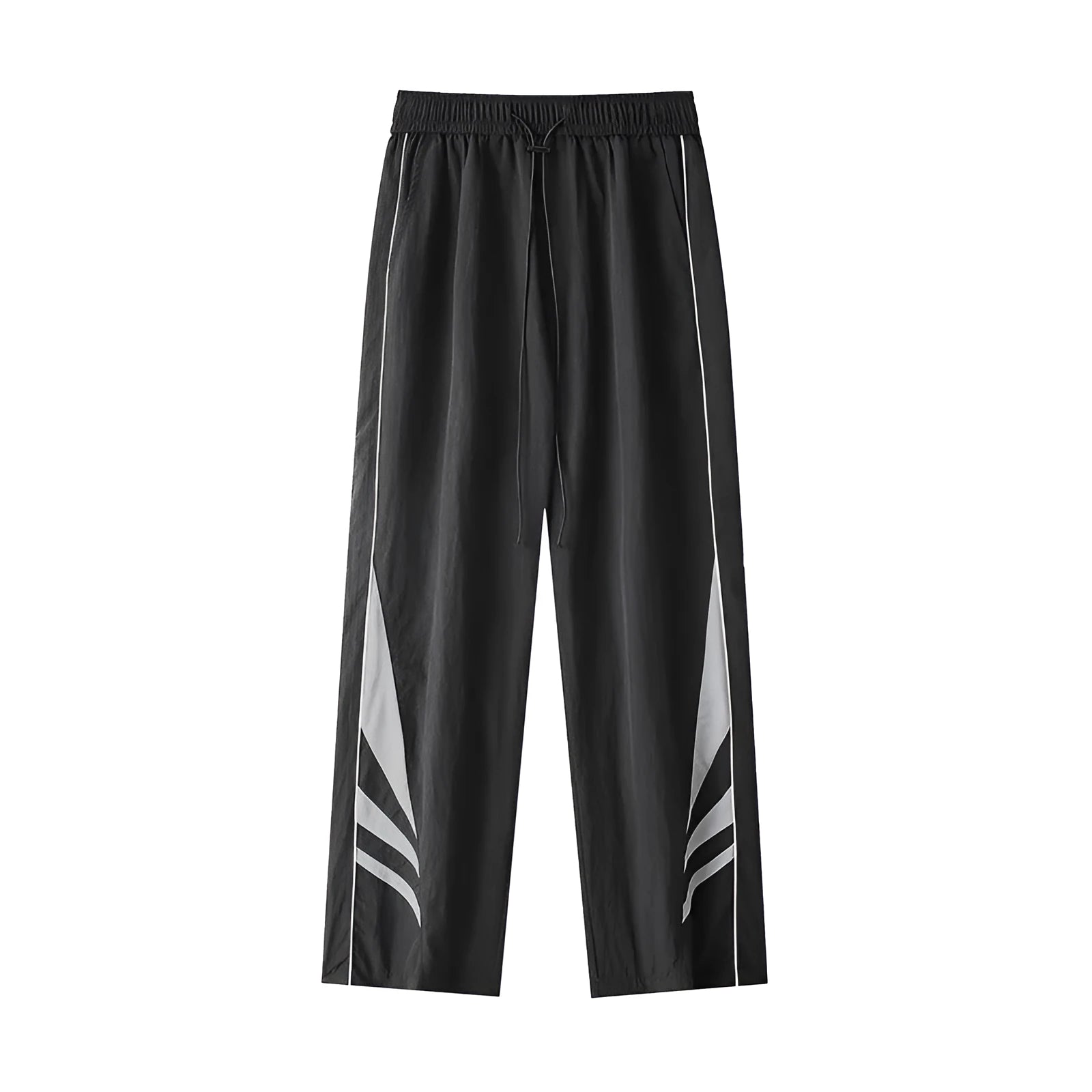 Men's black straight leg sports trousers with elastic waistband shown on hanger