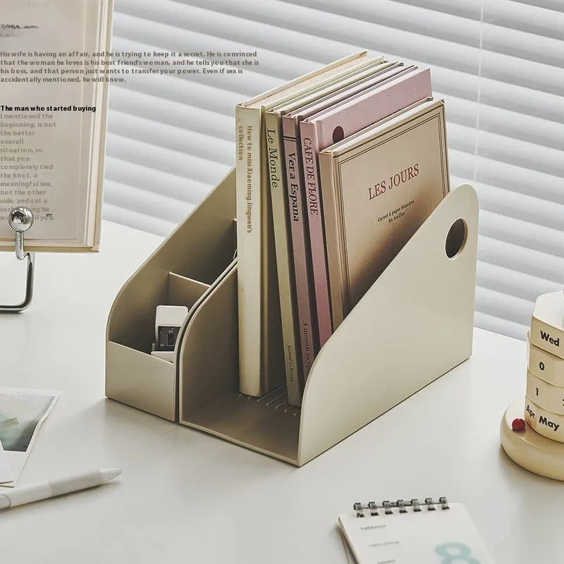 Desktop plastic storage box with integrated book shelf and two grid compartments