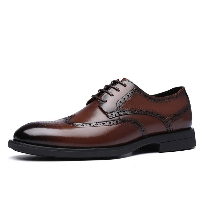 Men's black and brown brogue shoes with business styling and PU leather uppers