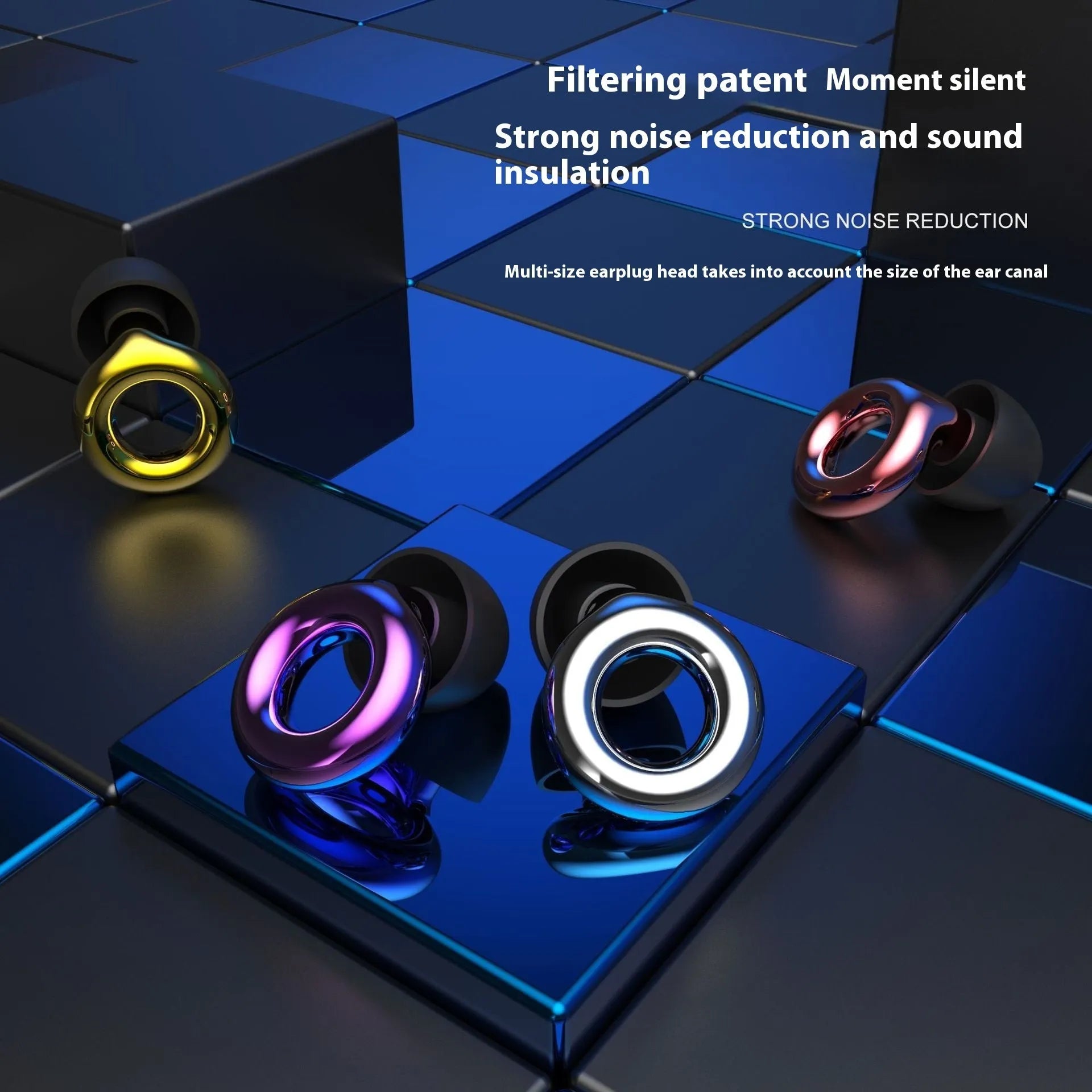 Noise reduction sleep earplugs in gold, silver, transparent, purple, and rose gold colours with a storage box