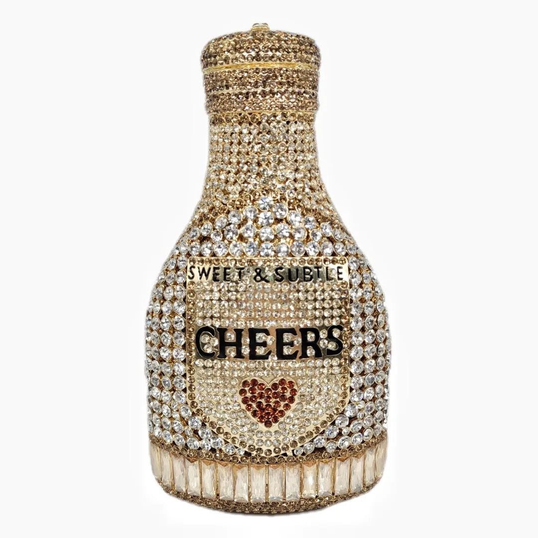 Gold champagne bottle shaped evening clutch bag with rhinestone decoration showing 12cm length and 20cm height
