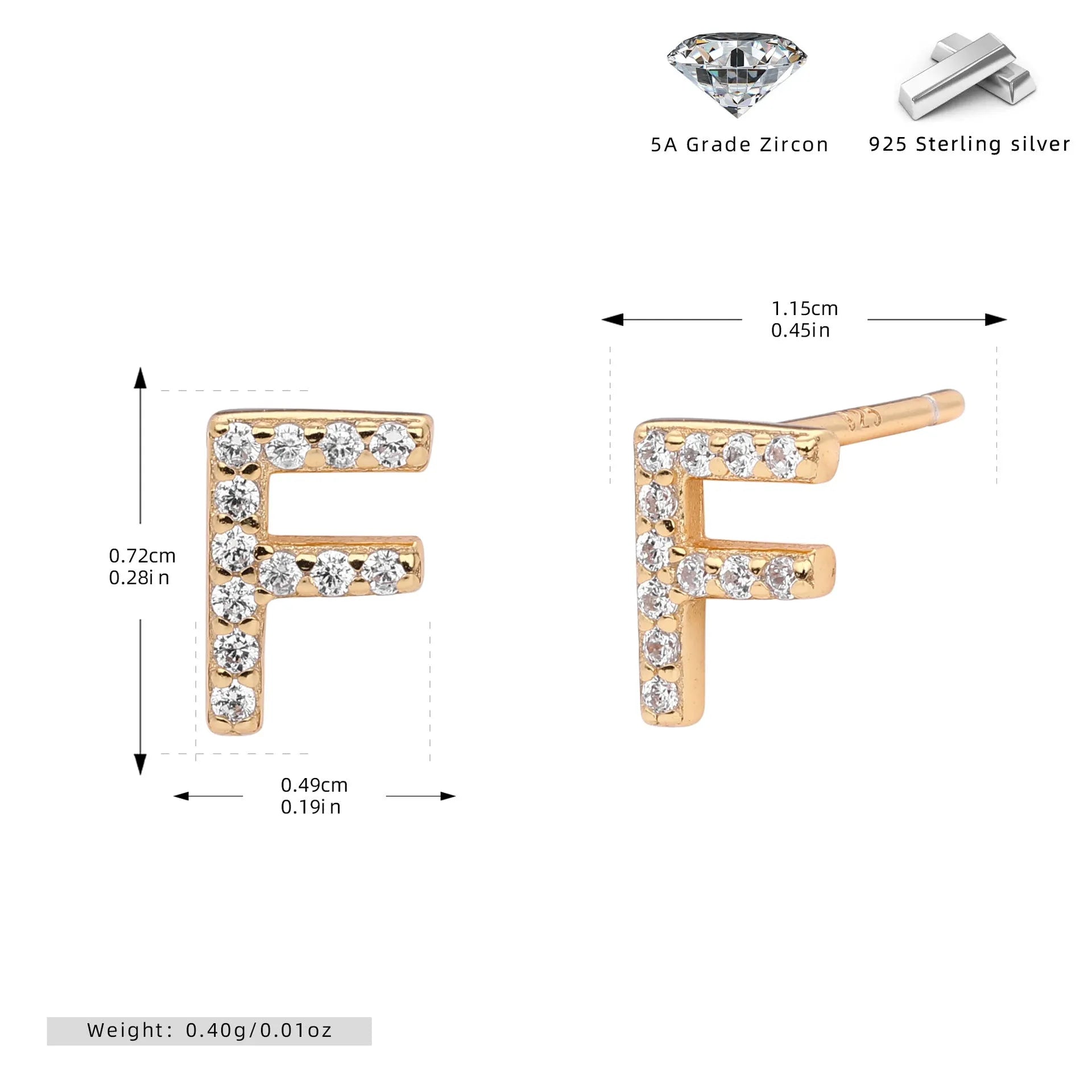 925 silver letter ear stud with electroplated gold finish, alphabet motif